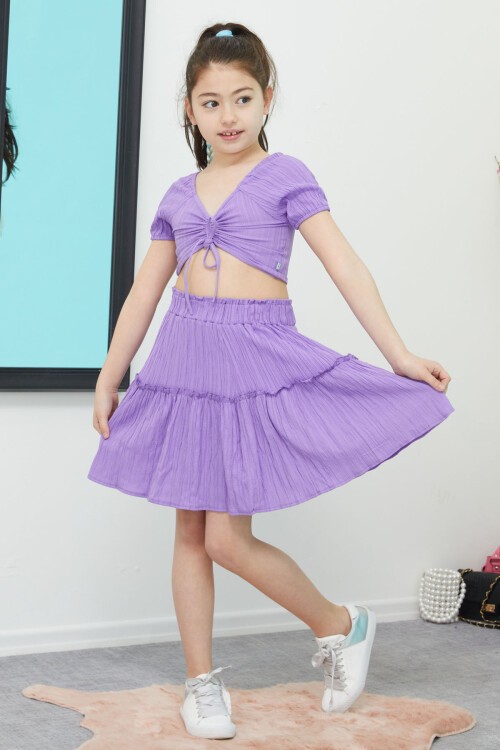 Mor Etekli Askılı Bluzlu Kız Çocuk Takım 15344