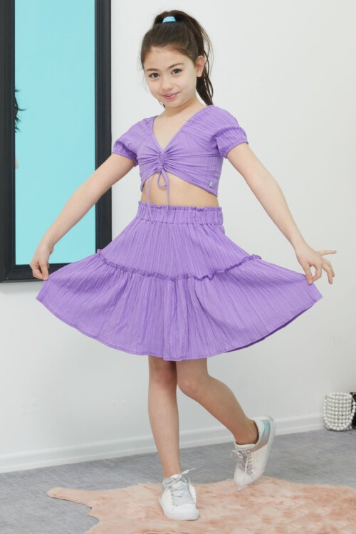 Mor Etekli Askılı Bluzlu Kız Çocuk Takım 15344