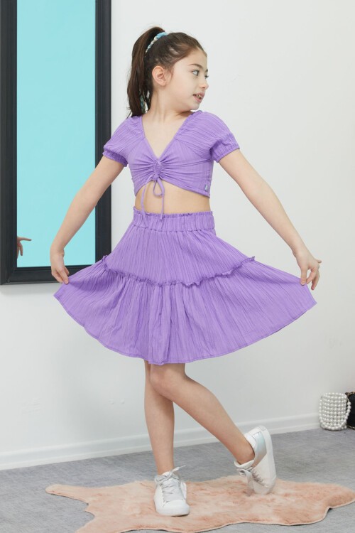 Mor Etekli Askılı Bluzlu Kız Çocuk Takım 15344