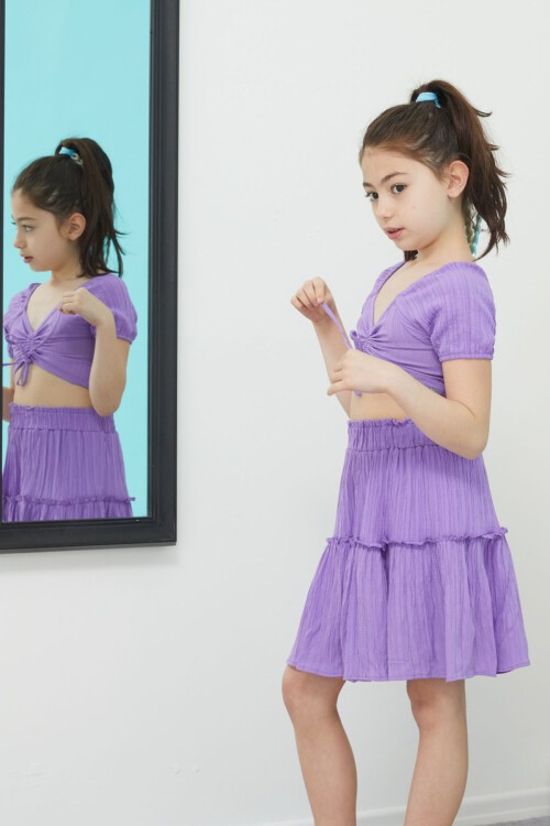Mor Etekli Askılı Bluzlu Kız Çocuk Takım 15344