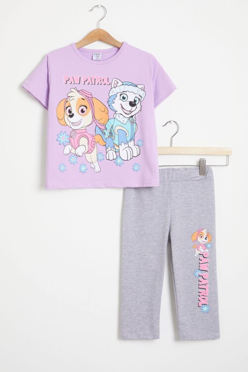 Mor Pati Baskı Tişört ve Şort Taytlı Kız Takım 15447