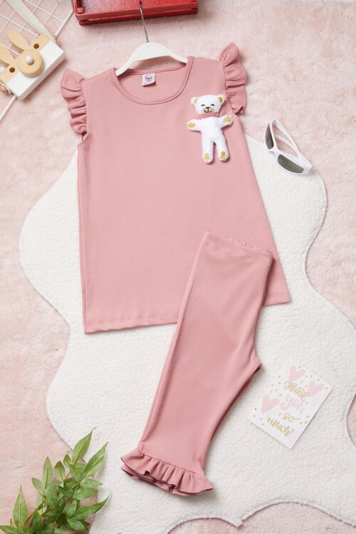 Pembe Ayıcık Cepli Volanlı Kız Çocuk Şortlu Takım 15422