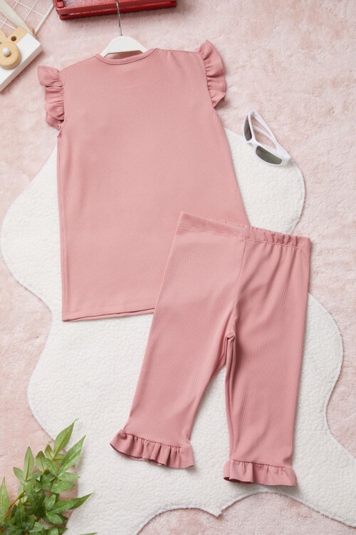 Pembe Ayıcık Cepli Volanlı Kız Çocuk Şortlu Takım 15422