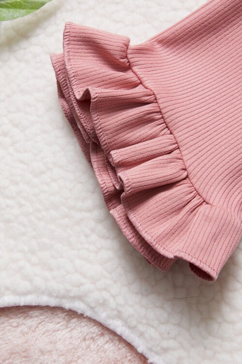 Pembe Ayıcık Cepli Volanlı Kız Çocuk Şortlu Takım 15422