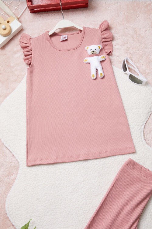Pembe Ayıcık Cepli Volanlı Kız Çocuk Şortlu Takım 15422