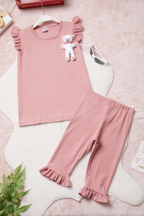 Pembe Ayıcık Cepli Volanlı Kız Çocuk Şortlu Takım 15422
