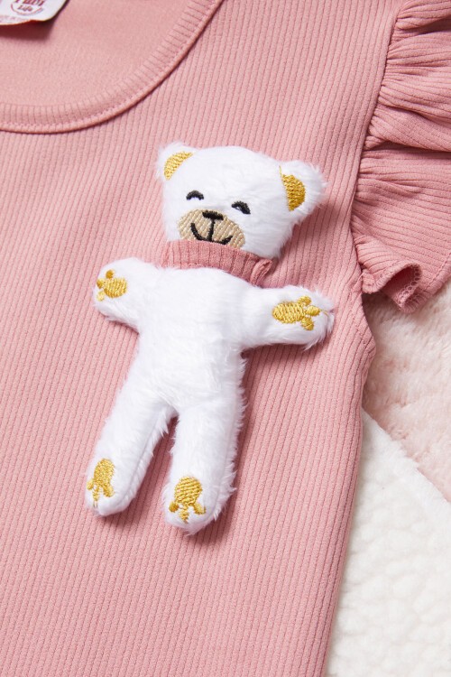 Pembe Ayıcık Cepli Volanlı Kız Çocuk Şortlu Takım 15422