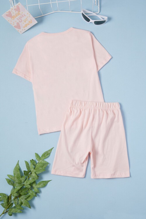 Pembe Çiçekli Karakter Baskılı Kız Çocuk Şortlu Takım 15634