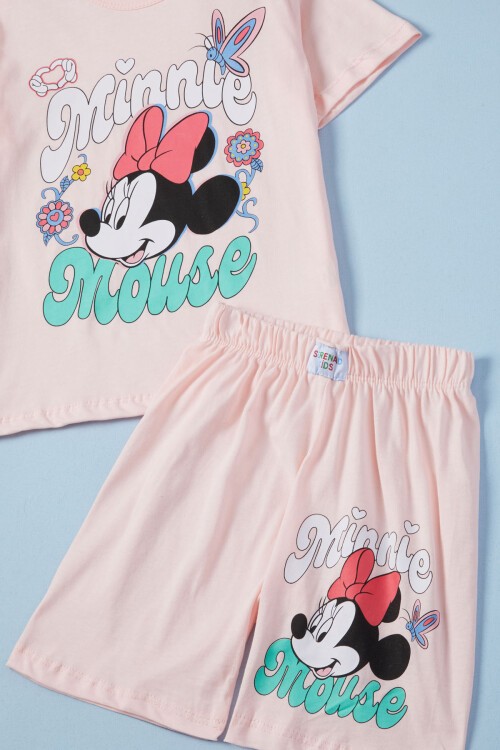 Pembe Çiçekli Karakter Baskılı Kız Çocuk Şortlu Takım 15634