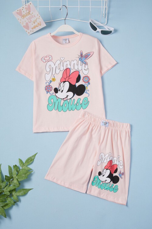 Pembe Çiçekli Karakter Baskılı Kız Çocuk Şortlu Takım 15634