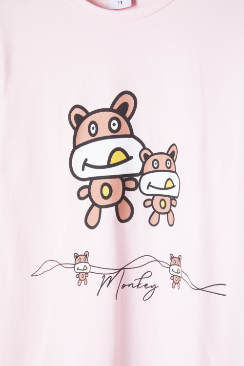 Pembe Çizgili Hayvan Desenli Kız Pijama Takımı 16334