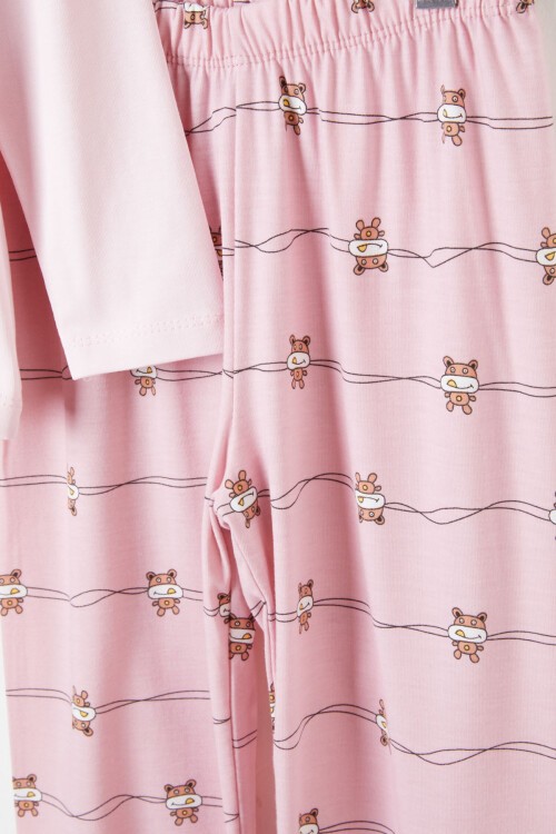 Pembe Çizgili Hayvan Desenli Kız Pijama Takımı 16334
