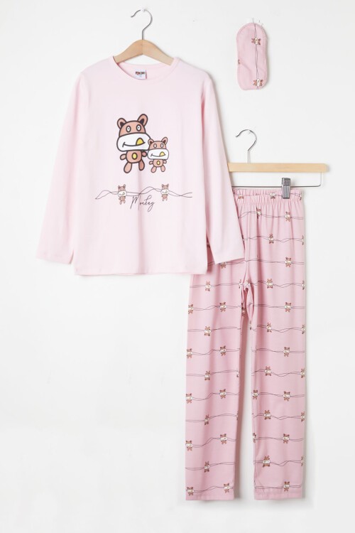 Pembe Çizgili Hayvan Desenli Kız Pijama Takımı 16334