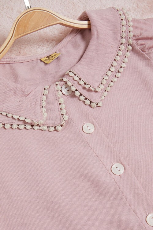 Pembe Dantel İşlemeli Deri Şortlu Bluzlu Kız Takım 15519