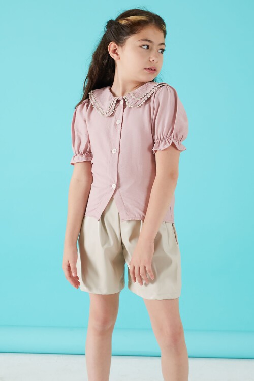 Pembe Dantel İşlemeli Deri Şortlu Bluzlu Kız Takım 15519