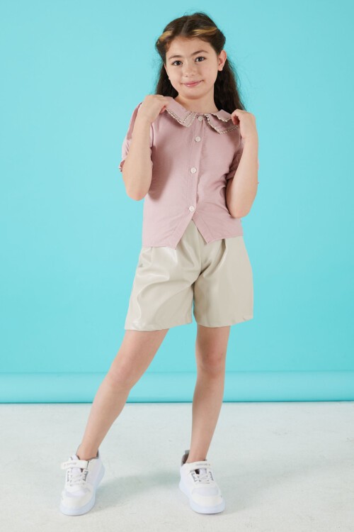 Pembe Dantel İşlemeli Deri Şortlu Bluzlu Kız Takım 15519