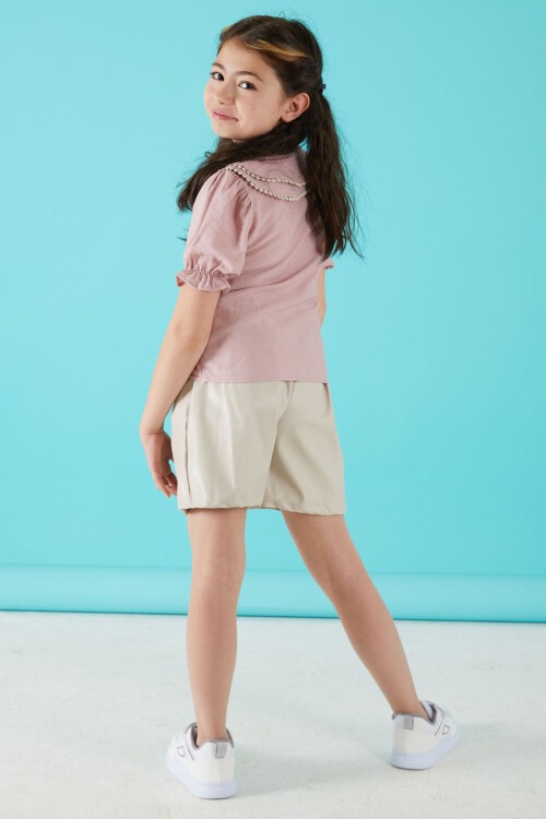 Pembe Dantel İşlemeli Deri Şortlu Bluzlu Kız Takım 15519
