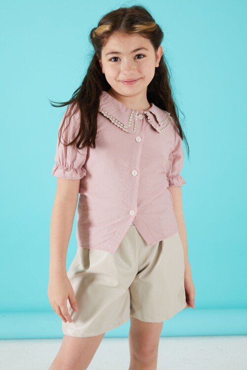 Pembe Dantel İşlemeli Deri Şortlu Bluzlu Kız Takım 15519