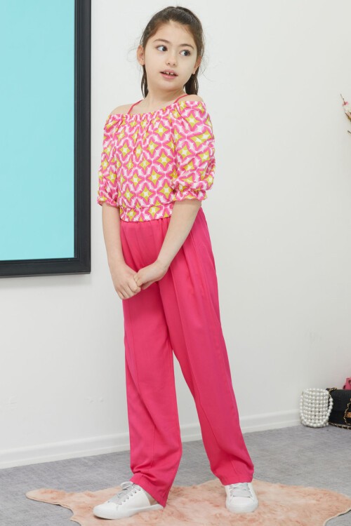 Pembe Desenli Bluz ve Pantolonlu Kız Takım 15390