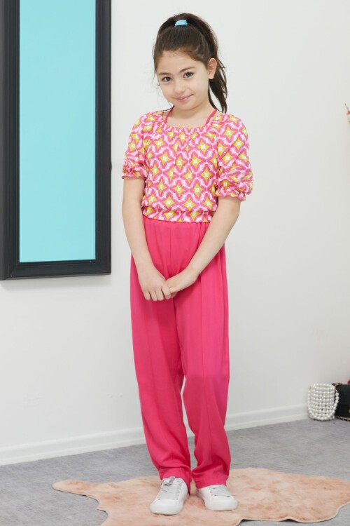 Pembe Desenli Bluz ve Pantolonlu Kız Takım 15390