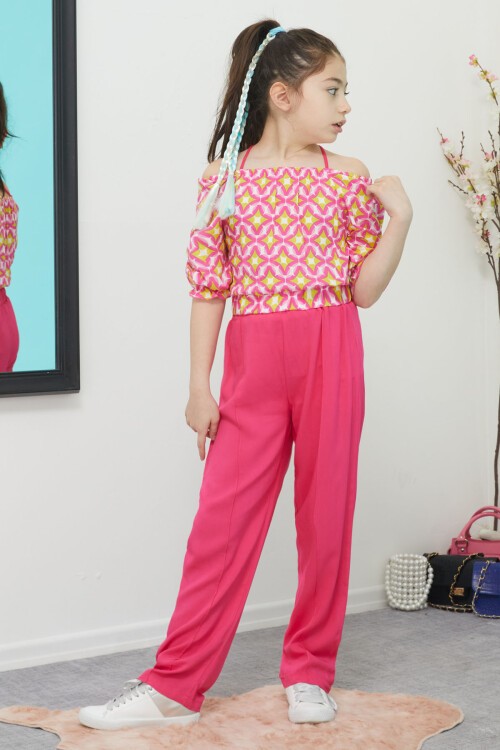 Pembe Desenli Bluz ve Pantolonlu Kız Takım 15390