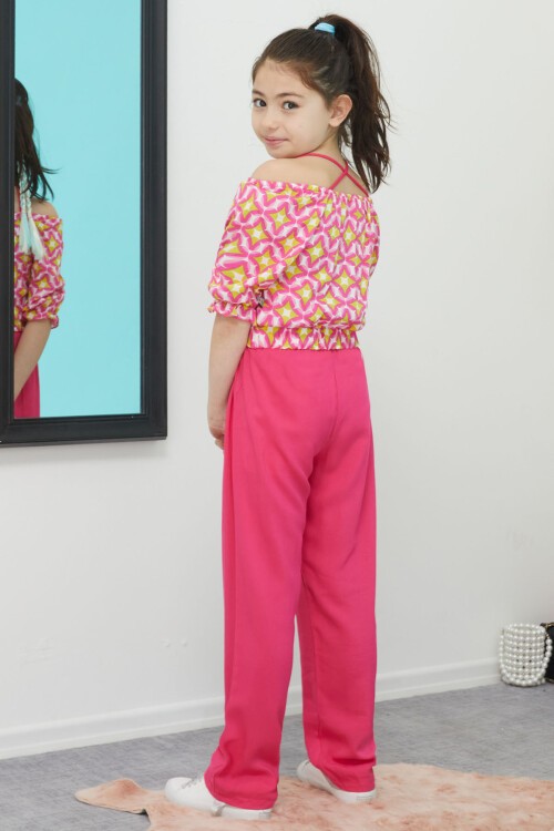 Pembe Desenli Bluz ve Pantolonlu Kız Takım 15390