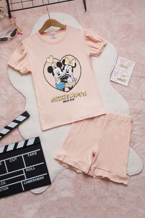 Pembe Kalpli Karakter Baskılı Kız Çocuk Şortlu Takım 15451