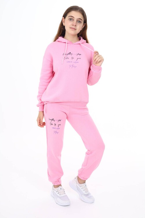 Pembe Kalpli Yazı Baskılı Kız Çocuk Polarlı Eşofman Takımı 16461