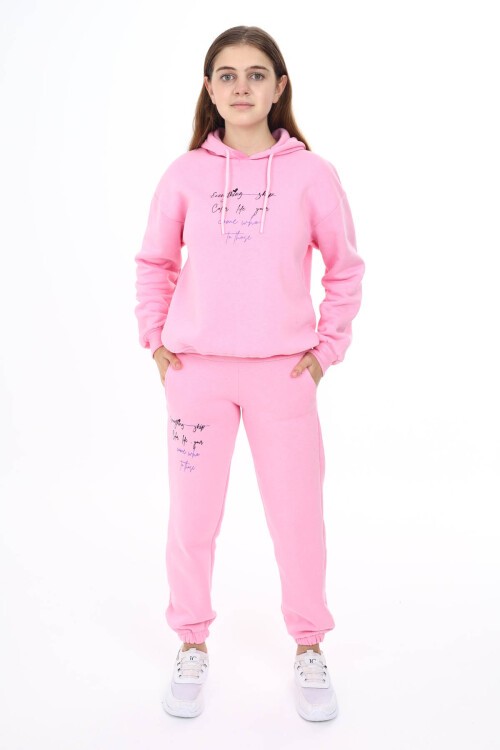Pembe Kalpli Yazı Baskılı Kız Çocuk Polarlı Eşofman Takımı 16461