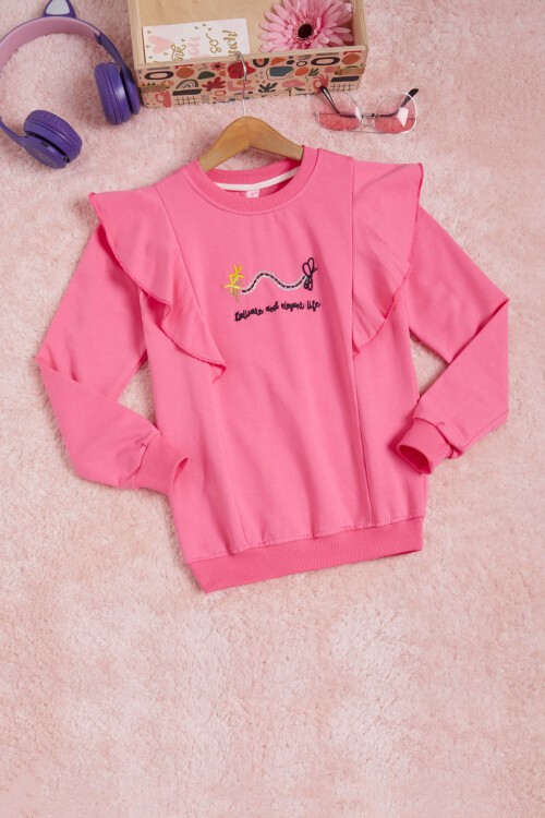 Pembe Kelebek Nakışlı Volanlı Kız Çocuk Sweatshirt 16403