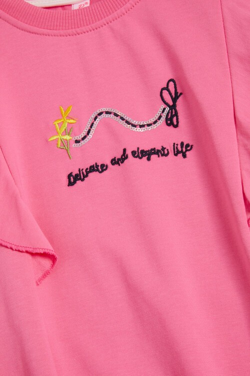 Pembe Kelebek Nakışlı Volanlı Kız Çocuk Sweatshirt 16403