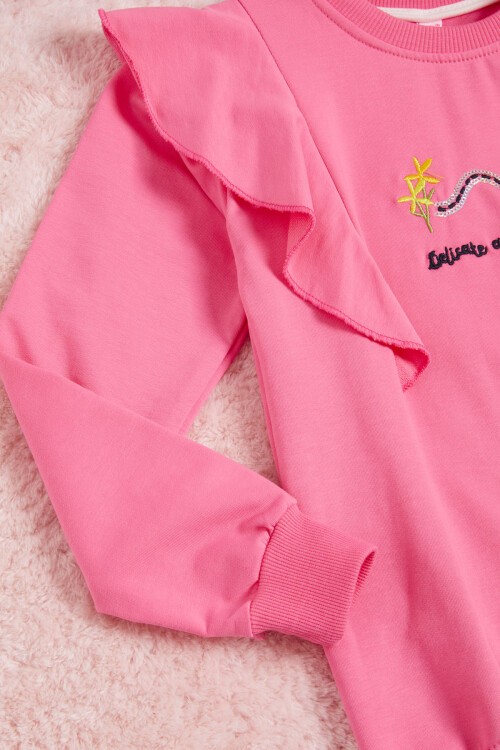 Pembe Kelebek Nakışlı Volanlı Kız Çocuk Sweatshirt 16403