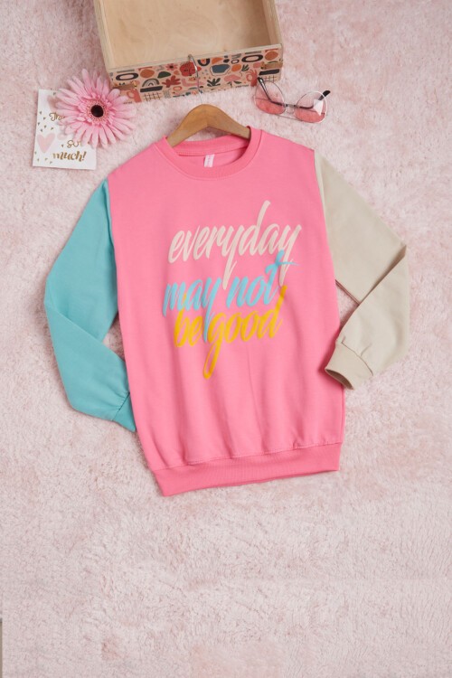 Pembe Kolları Renkli Yazı Baskılı Kız Çocuk Sweatshirt 16283