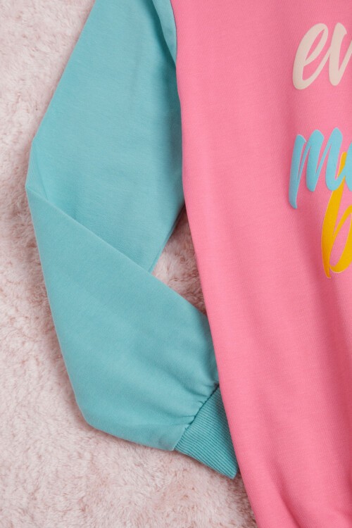 Pembe Kolları Renkli Yazı Baskılı Kız Çocuk Sweatshirt 16283