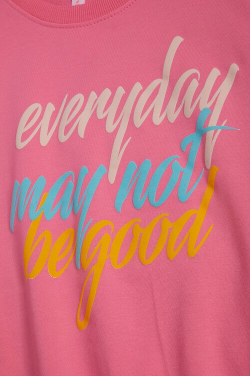 Pembe Kolları Renkli Yazı Baskılı Kız Çocuk Sweatshirt 16283