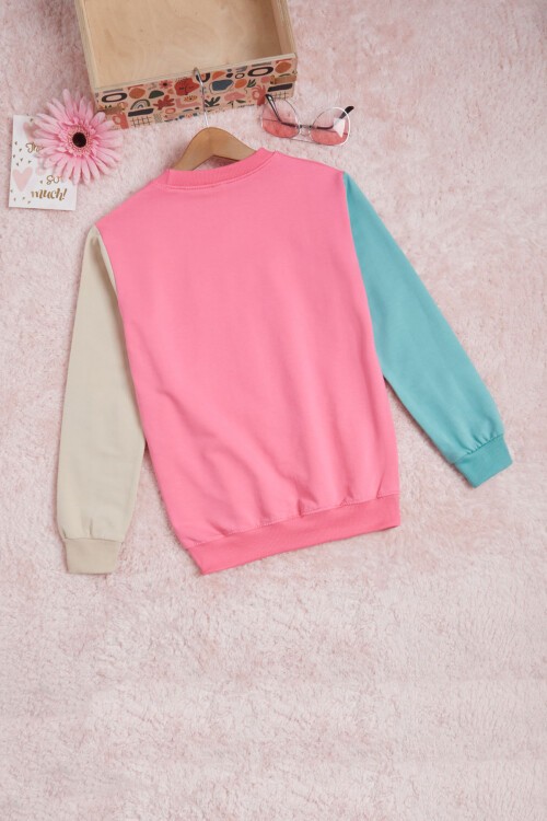 Pembe Kolları Renkli Yazı Baskılı Kız Çocuk Sweatshirt 16283