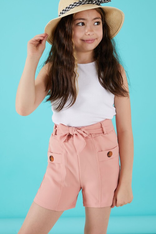 Pembe Kuşaklı Düğmeli Kız Çocuk Şort 15654