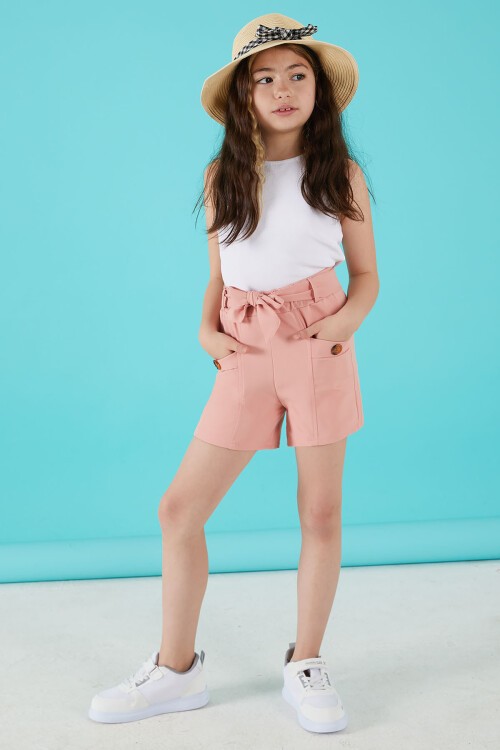 Pembe Kuşaklı Düğmeli Kız Çocuk Şort 15654