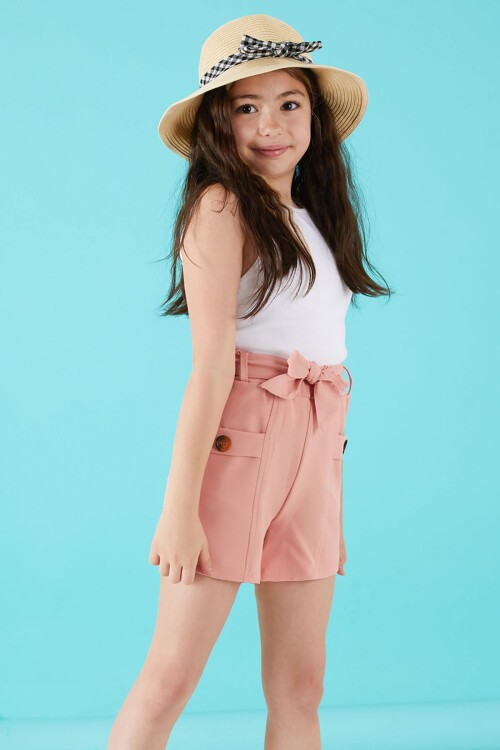 Pembe Kuşaklı Düğmeli Kız Çocuk Şort 15654