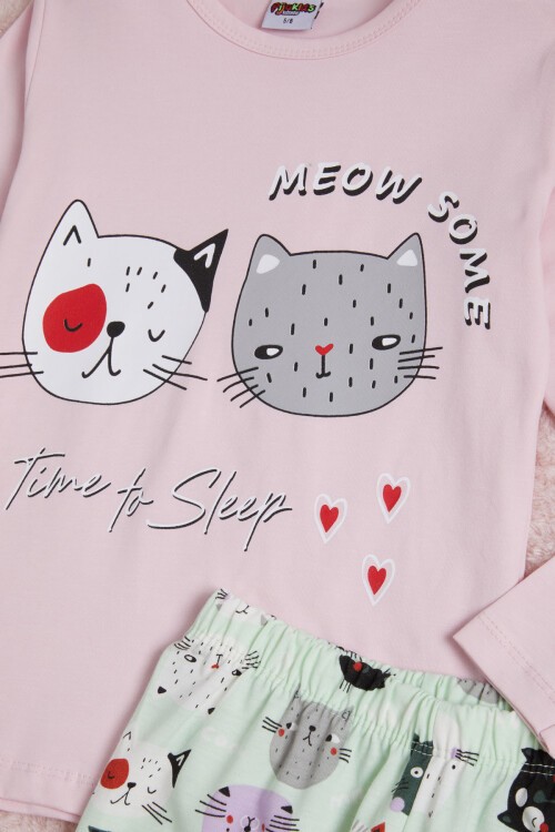 Pembe Meow Kedi Baskı Kız Çocuk Pijama Takımı 16340