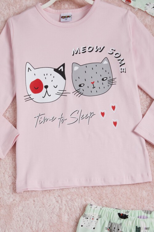 Pembe Meow Kedi Baskı Kız Çocuk Pijama Takımı 16340