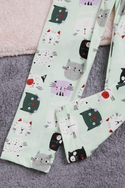 Pembe Meow Kedi Baskı Kız Çocuk Pijama Takımı 16340