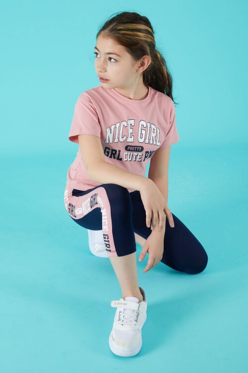Pembe Nice Baskı Kız Çocuk Taytlı Yazlık Takım 15358