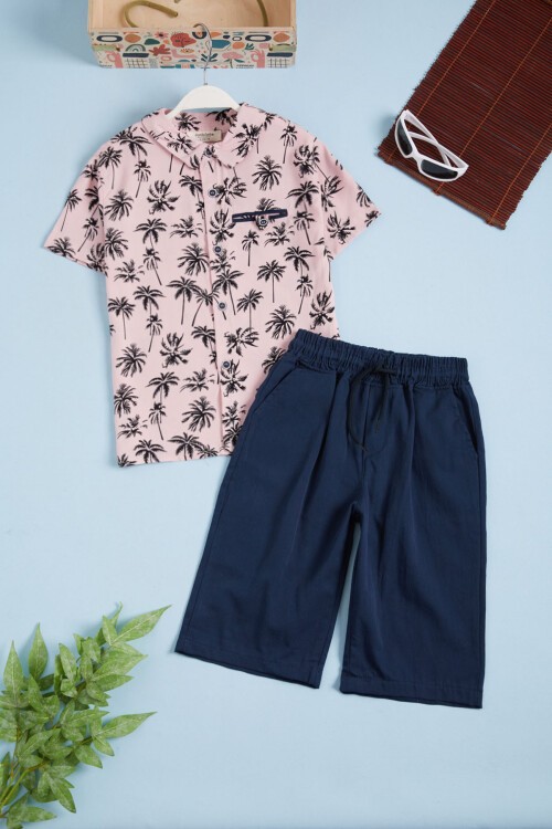 Pembe Palmiye Baskı Gömlekli Şortlu Erkek Takım 15643