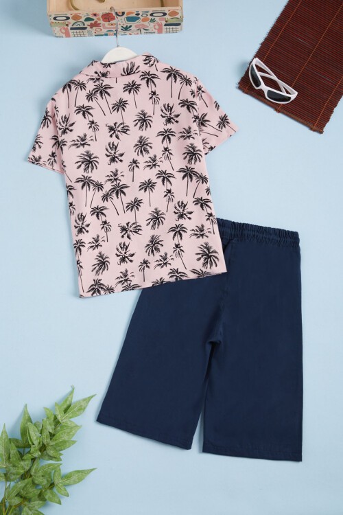 Pembe Palmiye Baskı Gömlekli Şortlu Erkek Takım 15643