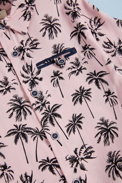 Pembe Palmiye Baskı Gömlekli Şortlu Erkek Takım 15643