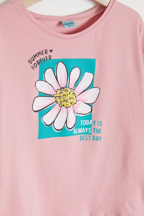 Pembe Papatya Baskılı Kız Çocuk Alt Üst Yazlık Takım 15460