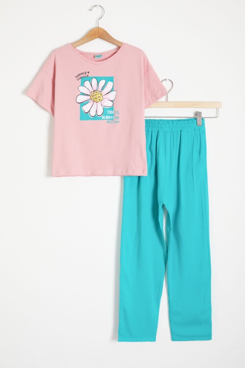 Pembe Papatya Baskılı Kız Çocuk Alt Üst Yazlık Takım 15460