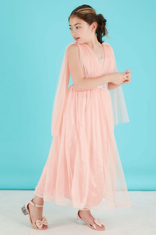 Pembe Pelerinli Tüllü Kız Abiye Elbise 15679