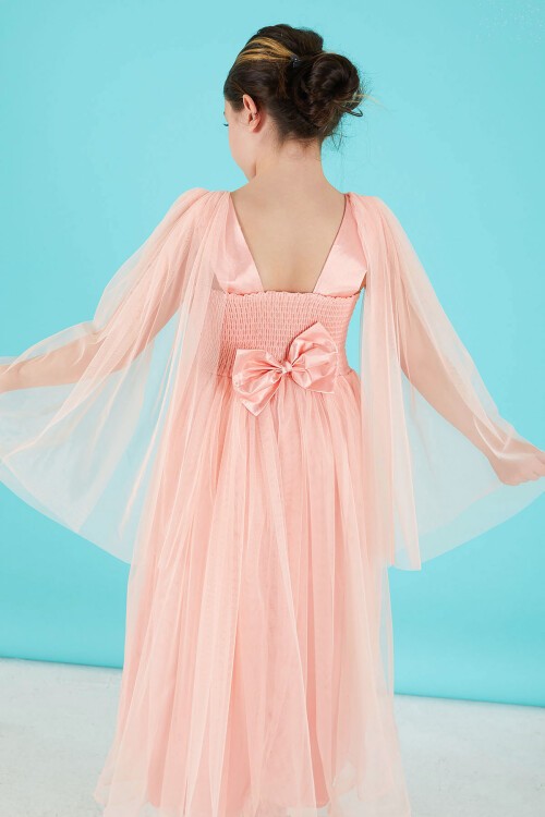 Pembe Pelerinli Tüllü Kız Abiye Elbise 15679